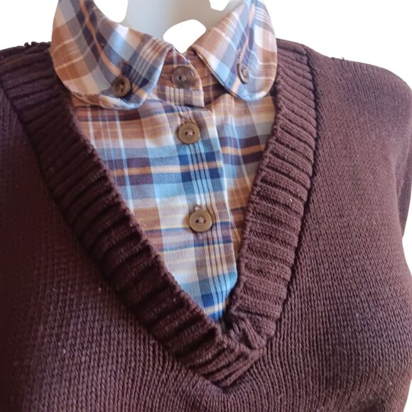 Women's Medium Vintage 70's Brown V-Neck Sweater Layered Look Cottage Granny - Picture 2 of 8